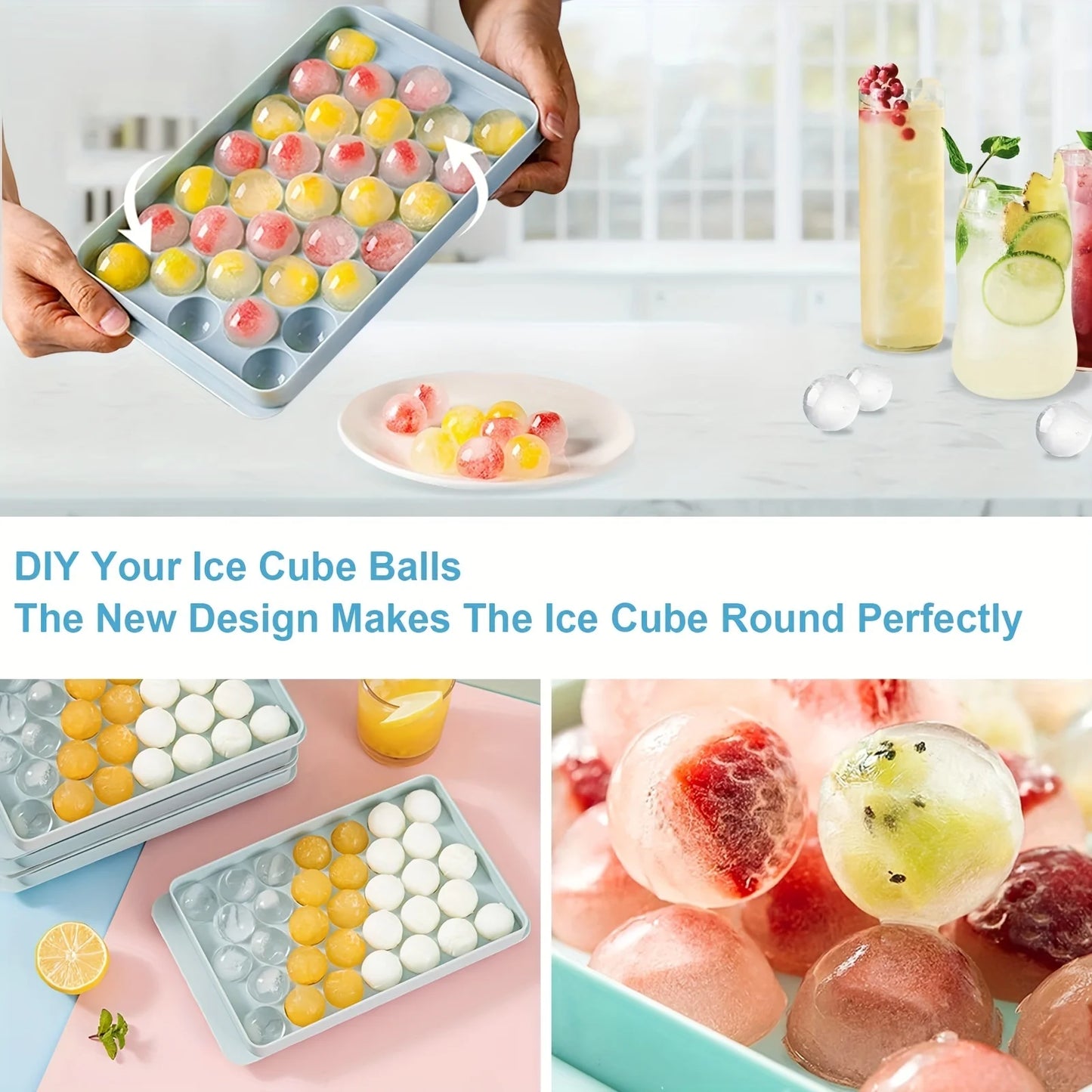 2 Trays Round Ice Cube with Lid & Bin
